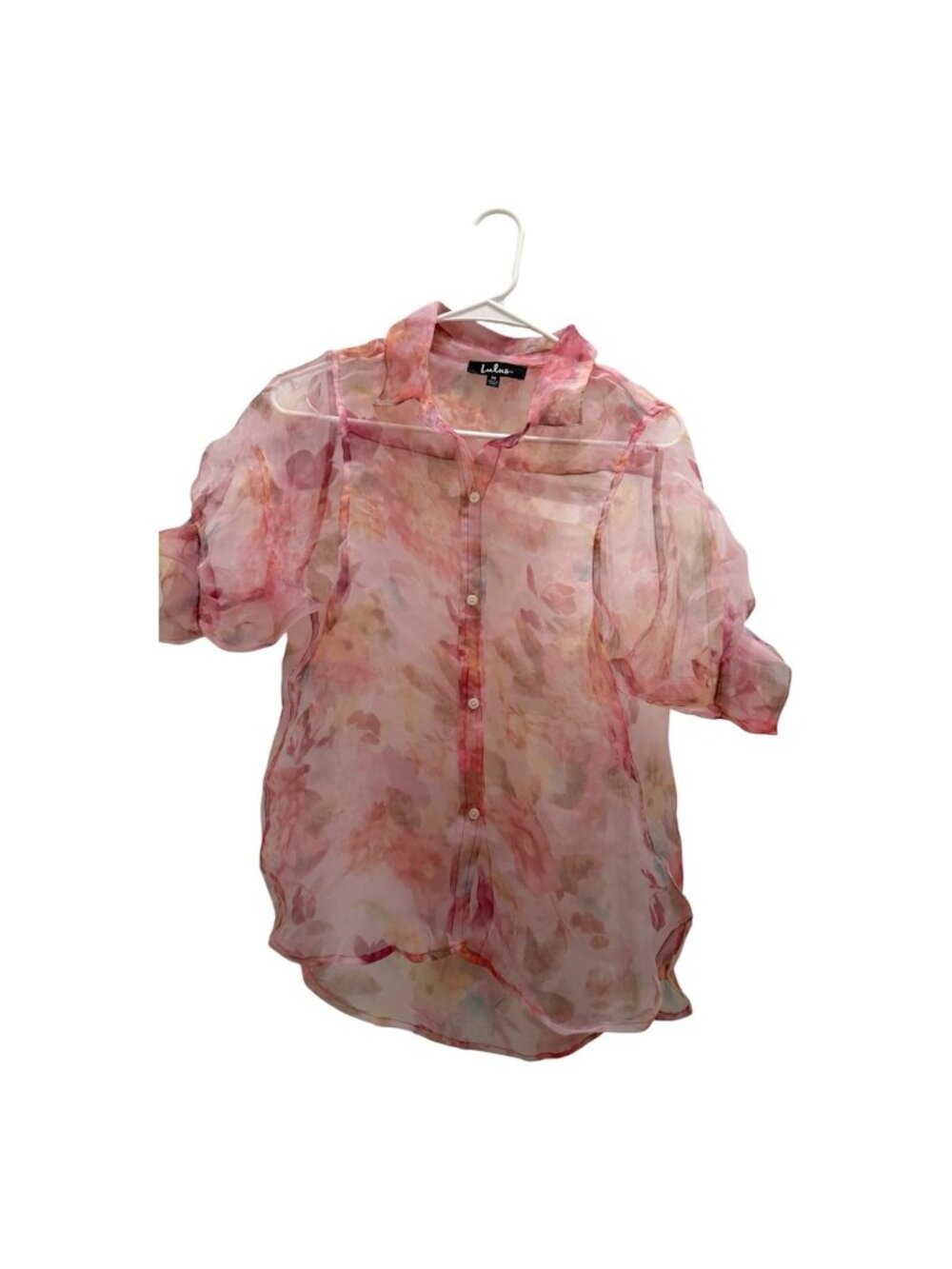 Lulus Pink Floral Button Up Sheer Blouse Size Medium Short Puff Sleeve Collar